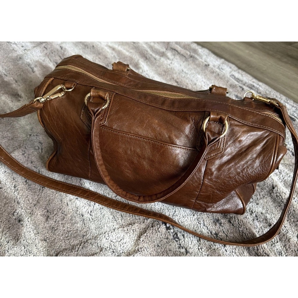 Y2K Lauren Merkin Brown Leather Satchel Duffel Top Handle Shoulder Bag Purse
